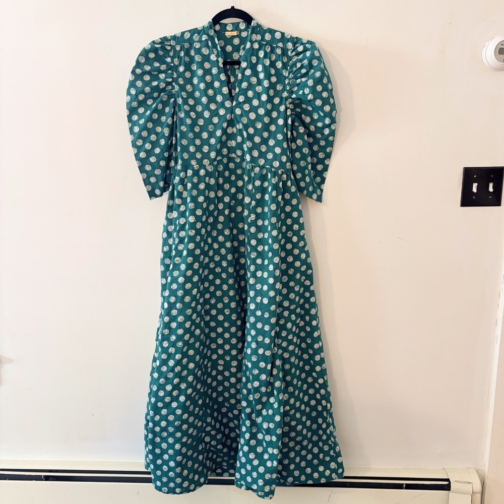 MATTA Vayu maxi dress puff sleeve polka dot turquoise Kelly green white cotton S